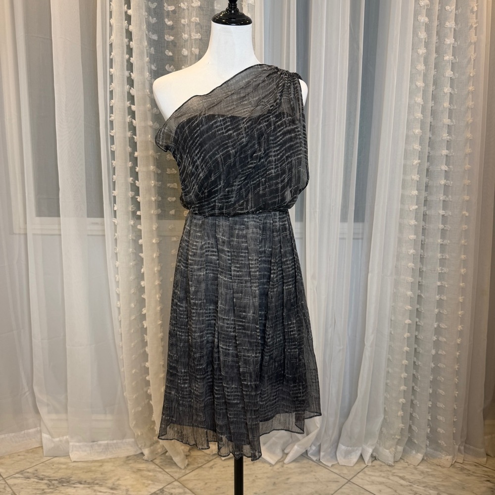 Alice + Olivia Charcoal Chiffon + Leather One-Shoulder Dress
